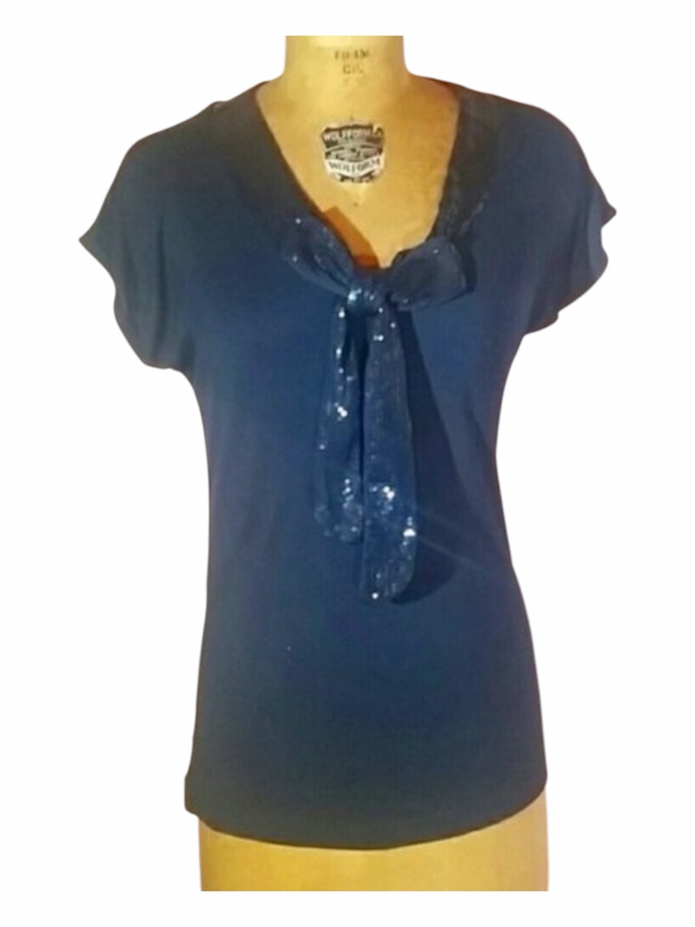 Kische Navy Sequin Bow Top Small Cap Sleeve Knit Blouse Stretch NWT